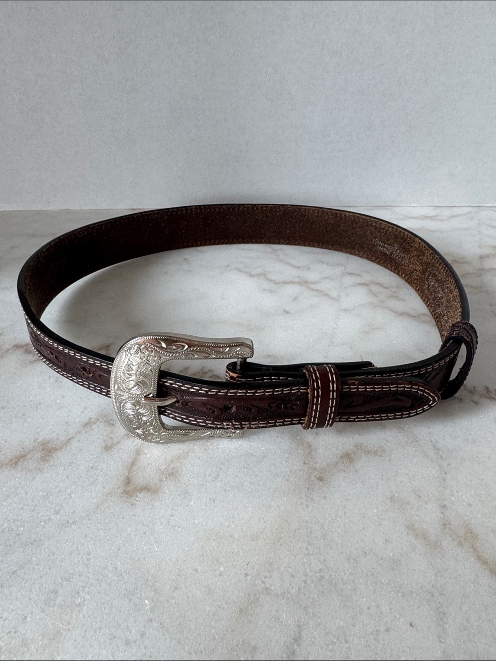 Montana Silversmiths Brown Leather Belt with Decorative Silver Buckle